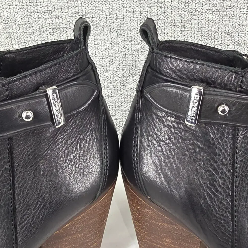 COACH HEWES BLACK LEATHER ANKLE BOOT SIDE ZIP WOOD HEEL WOMEN'S SIZE 5B A6841